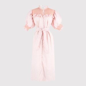 Dondolo Midi Dress Peach Gen Gingham Smocked Belted Linen Puff Sleeve Large